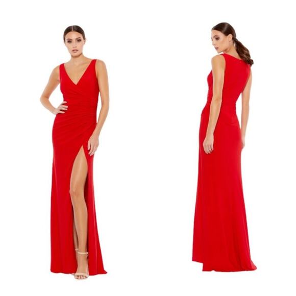 Mac Duggal 26513 Sleeveless Red Jersey Ruched V Neck Gown 4 - Picture 1 of 8